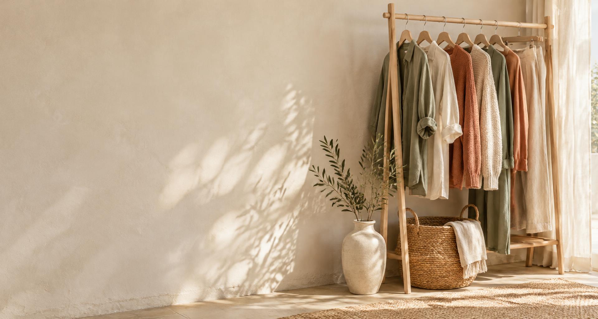 A quiet, sunlit closet with soft linen and cotton clothing in sage, terracotta, and ivory